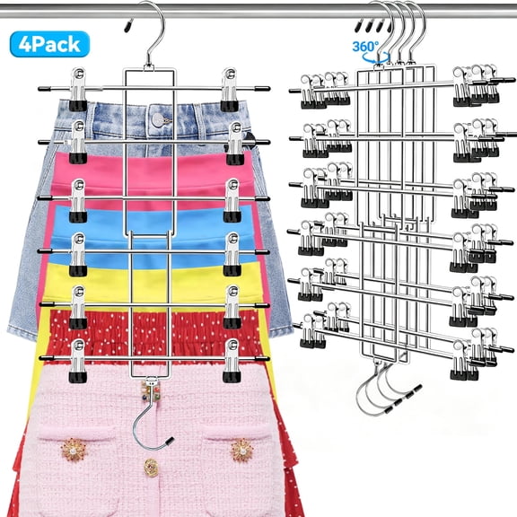 INCTUO 4 Pack Pants Hangers with Clips,Space Saving Hanging Closet Organizer-6 Tiers Skirt Hangers with 360° Swivel Hook,Closet Organizer-Clothes Hangers- College Dorm Essentials Apartment Essentials