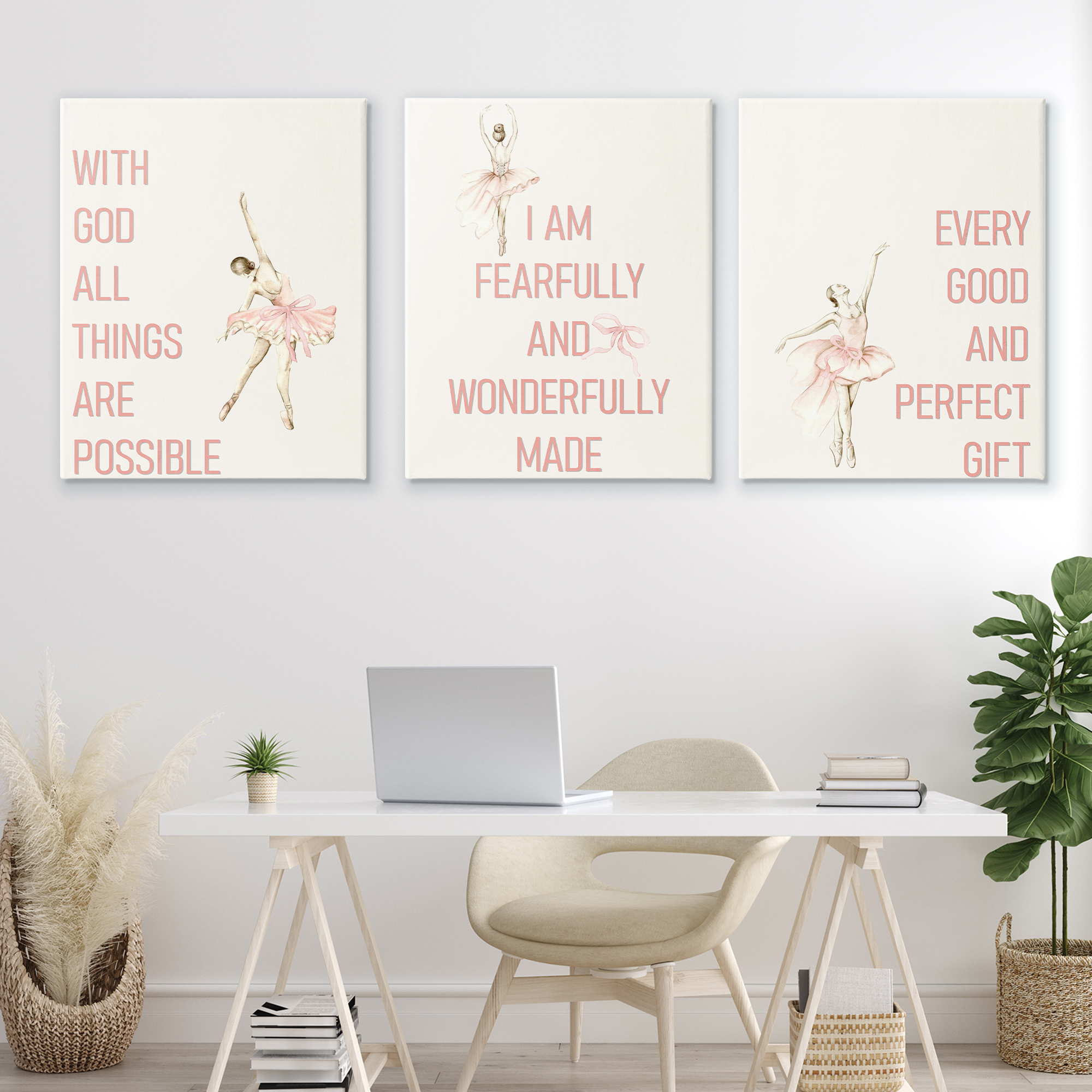 Faith Sentiments with Ballerinas 3 Piece Canvas Wall Art Set, design by Kim Allen