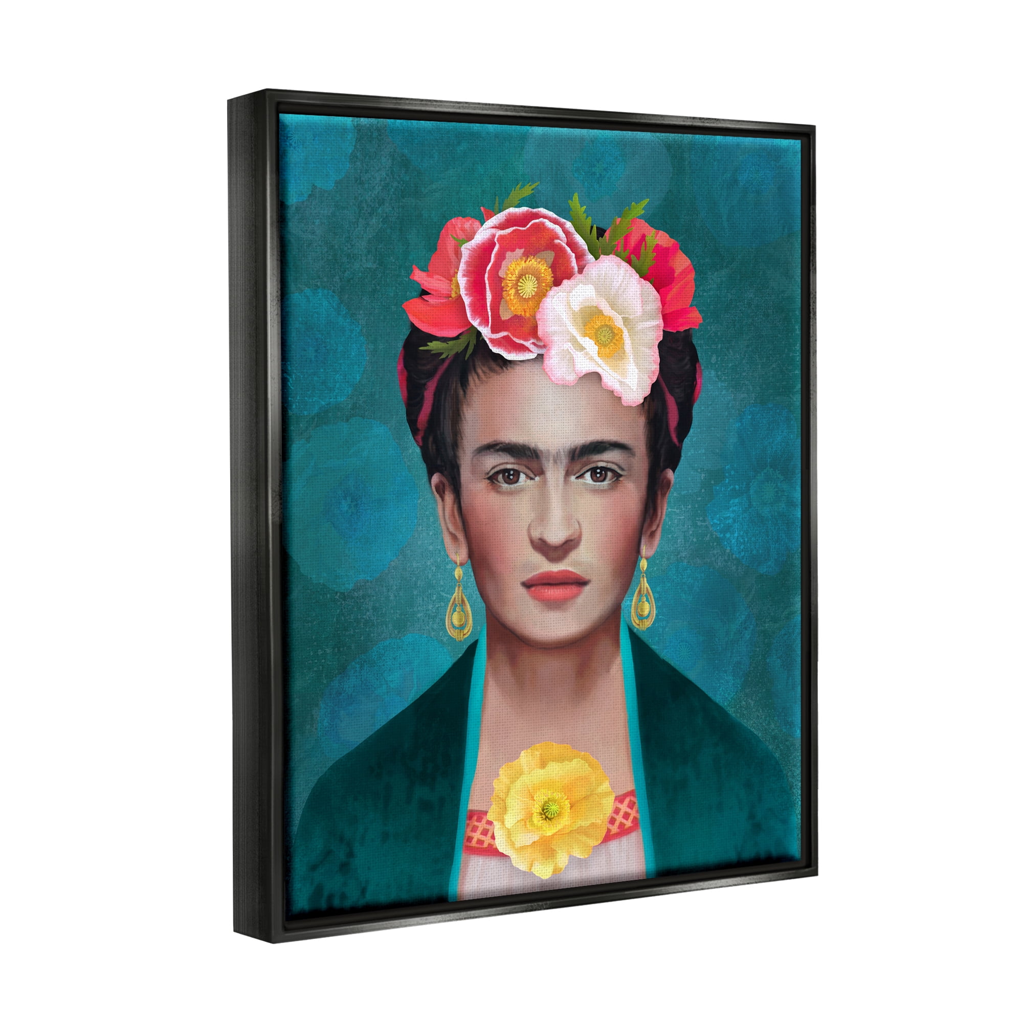 Stupell Industries Frida Kahlo Floral Portrait Botanical & Floral Painting Black Floater Framed Art Print Wall Art, 17 x 21