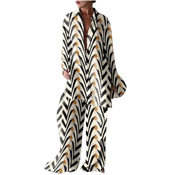 Odeerbi Womens Fall Tops Trendy Casual Trend Print Loose Long Sleeve Shirt Straight Leg Pants Suit