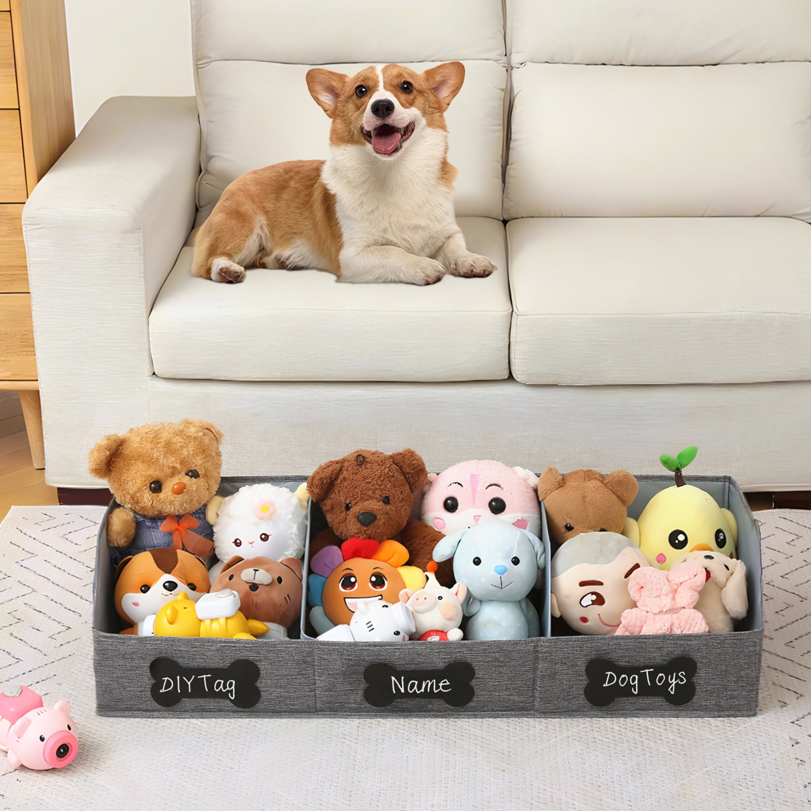 Qozary Large Dog Toy Basket with Diy Tag - Collapsible Dog Toy Bin, Fabric Personalized Dog Toy Box, Trapezoid Dog Toy Storage and Organizer for Pet Supplies-Can Write Your dog's Name On the DIY Tag