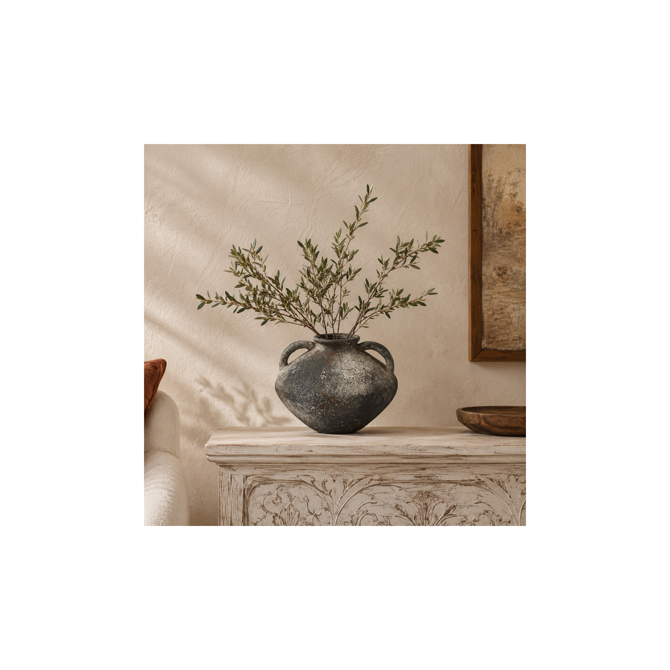 DecMode 7" Antique Style Textured Dark Gray Ceramic Vase with Brown Accents and Handles