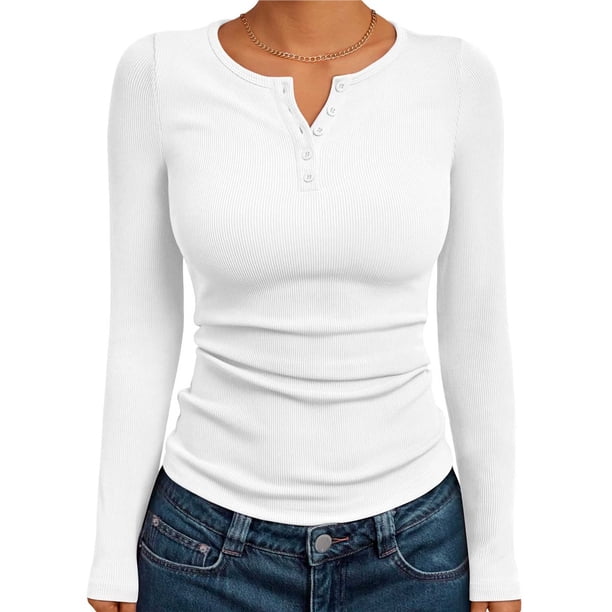 Camisetas de Larga para Mujer, Estilo Henley, Informales, para Otoño Tops Ajustados, Camisetas Básicas de Canalé S