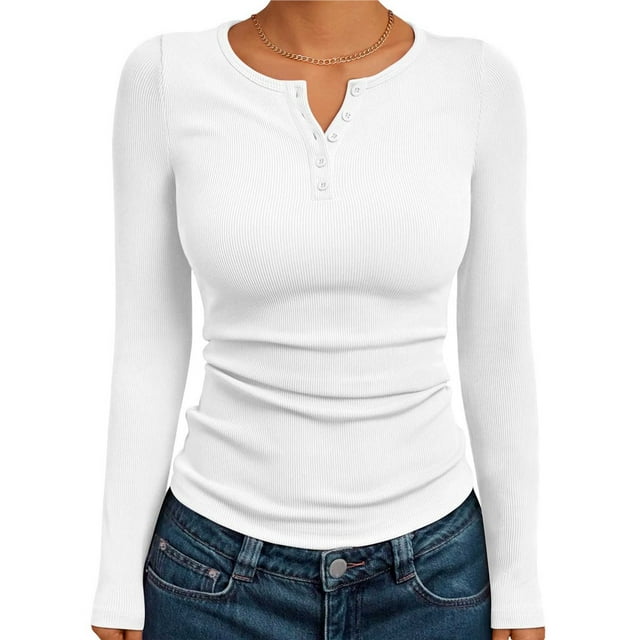 Camisetas de Larga para Mujer, Estilo Henley, Informales, para Otoño Tops Ajustados, Camisetas Básicas de Canalé M