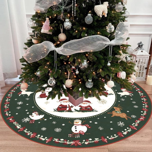 Washable Christmas Tree Skirt Short Pile Polyester Holiday Decor with HD Print Festive Xmas Mat Rug for Home Party Decoration Waterproof Reversible Tree Collar Cover Stand Base Protector Floor Mat