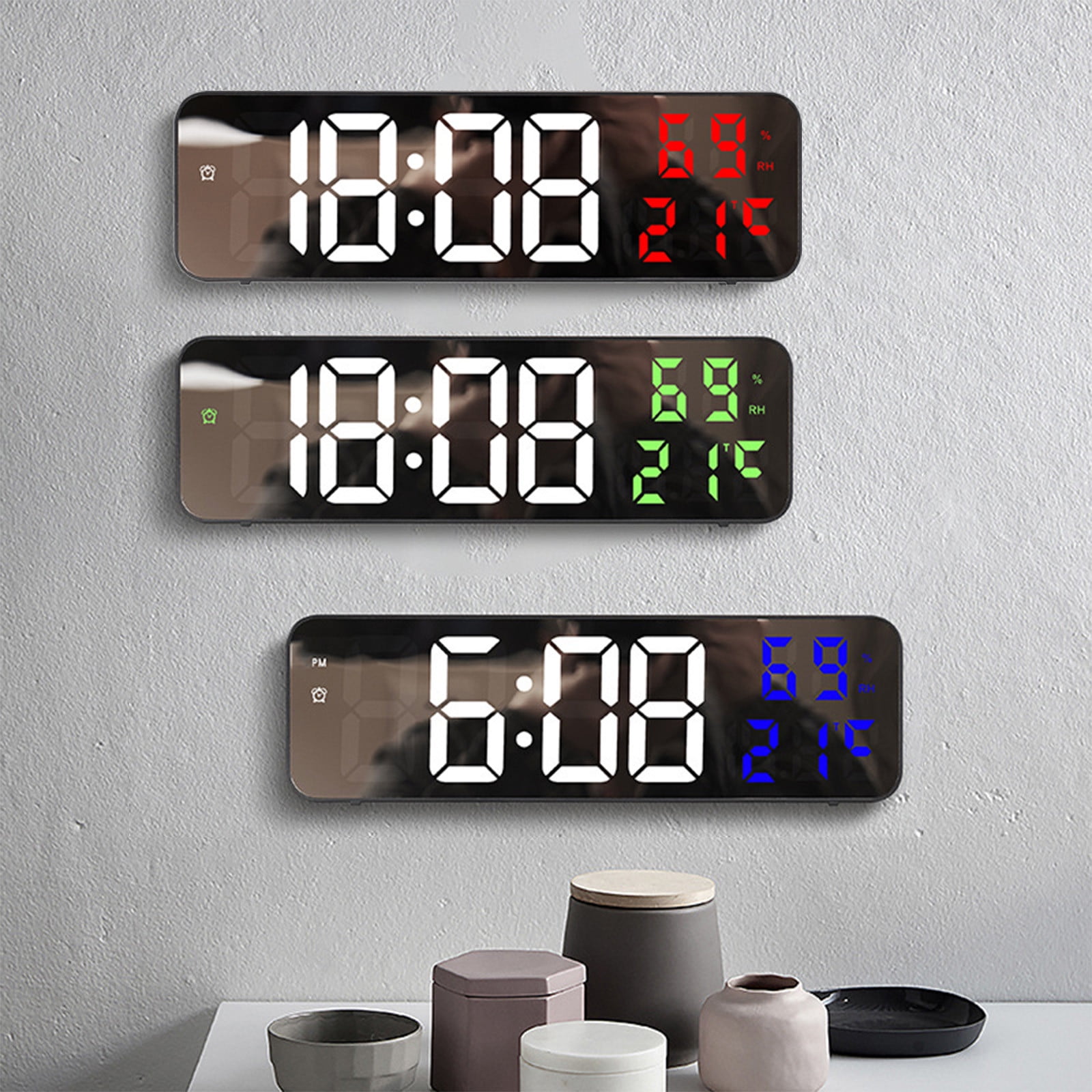 Large LED Digital Wall Clock with Temperature, Date & Humidity Display - 3-Level Brightness Adjustment, Battery or USB Powered, Wall-Mounted for Home, Office, Classroom