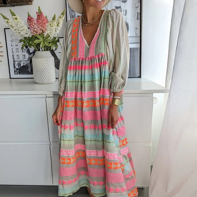 Maxi vestidos estampados a rayas para mujer, moda informal, cintura alta, manga abullonada, vestidos sueltos para mujer, ropa de verano y otoño, nuevo