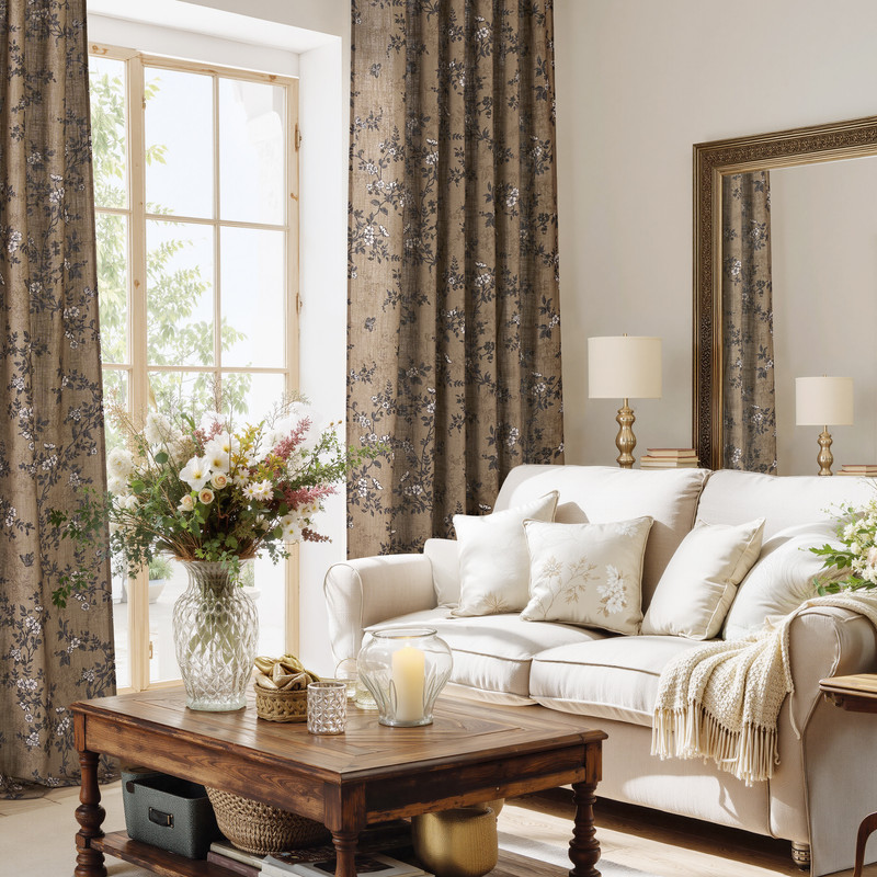 NICETOWN Linen Cotton Curtains for Living Room, Linen Blend Floral Printed Curtains Organic Privacy Drapes Back Tab Light Filtering Farmhouse Curtains, Khaki, 52"x84", 2 Panels