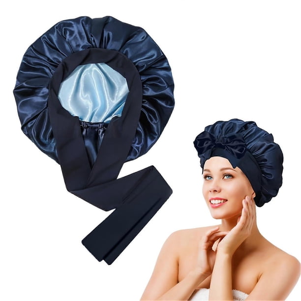 Gorro de satén para dormir con banda ajustable, gorro de seda de doble capa para mujer.