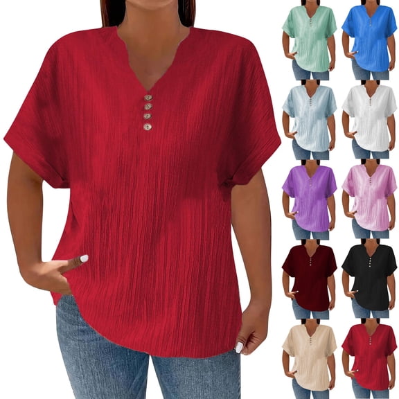 Endives Womens Linen T Shirt Casual Solid Color Button V Neck T Shirt Plus Size XL-5XL Blue