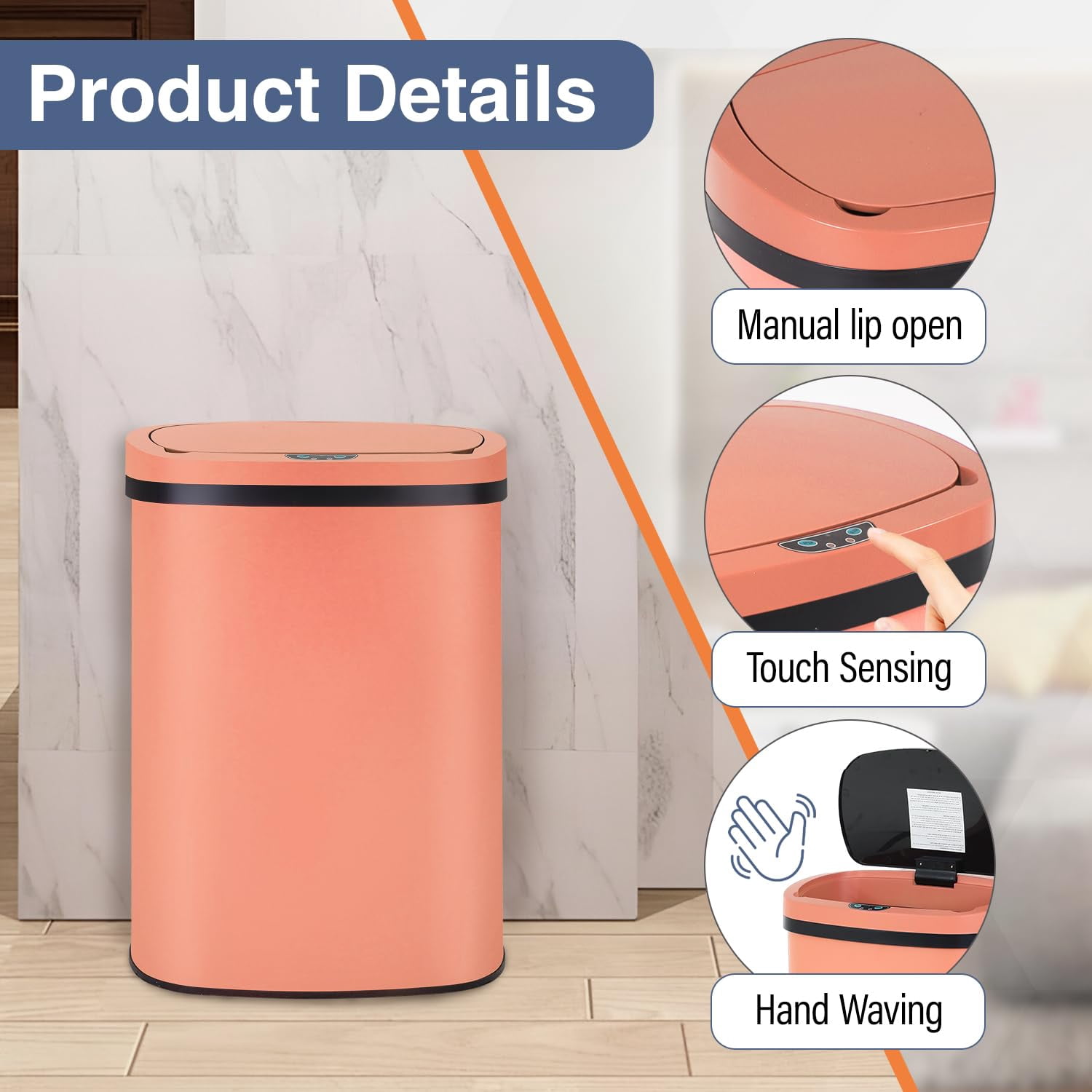 PayLessHere 13Gal Touchless Trash Can - Stainless Steel Auto Lid for Kitchen, Pink