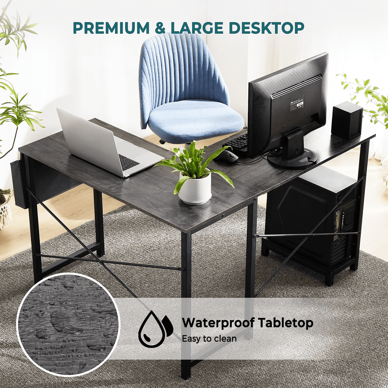 L Shaped Desk with Side Storage Bag and CPU Stand Shelf for Home Office Computer, 49 Inch, Grey Wood