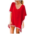 thumbnail image 2 of Helii Women's Chiffon Beach Cover Up Loose Kaftan Swimsuit Coverup, Tassel Trim V-Neck Summer Bikini Cover Up Dress, Flowy Lightweight Beachwear for Vacation Pool Red,One Size, 2 of 7