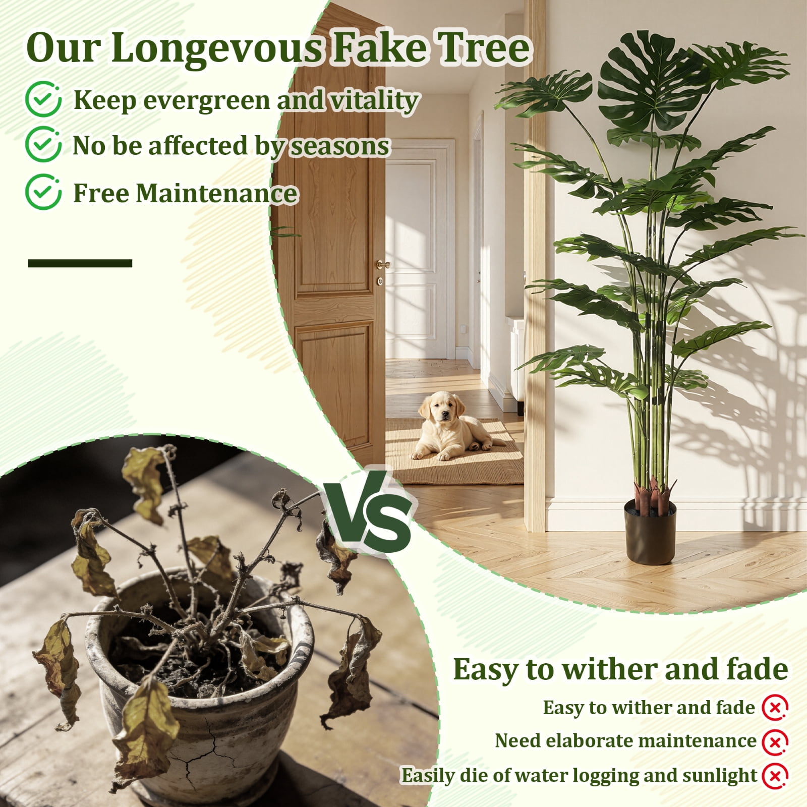 BEAUTYPEAK 6FT Artificial Plant Fake Indoor Monstera Plant Decorative Outdoor Greenery in Black Pot