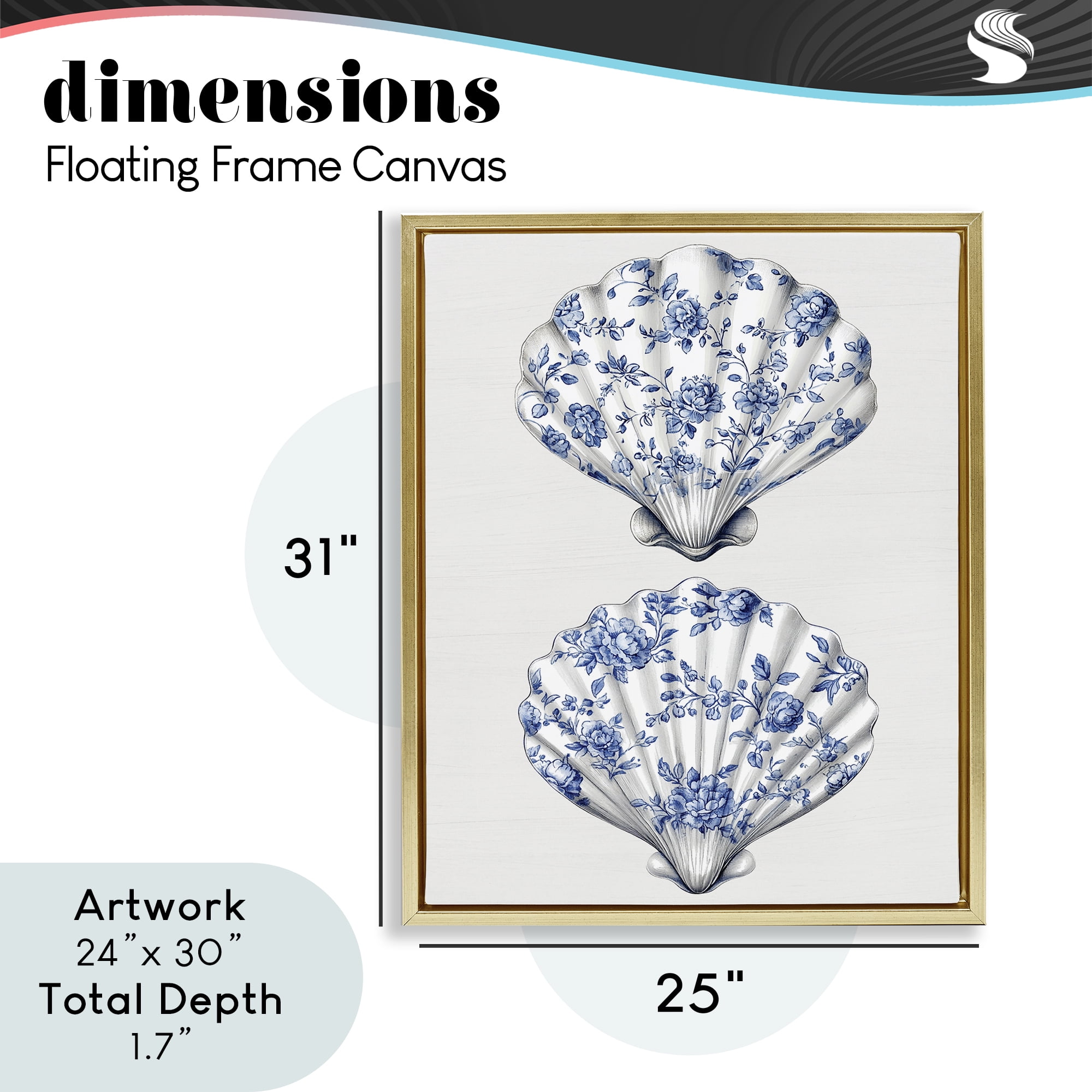 Delicate Toile Seashells Gold Framed Floater Canvas Wall Art, design by Lettered and Lined