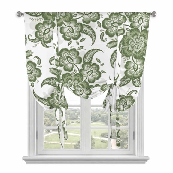 Tie Up Curtains for Windows Sage Green Paisley Floral Valance Adjustable Balloon Curtain Vintage Ethnic Flower Tie Up Shades for Kitchen Living Room Bedroom Privacy Curtain Drape 34x45 Inch