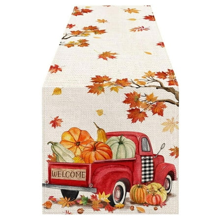 

QYY Autumn Thanksgiving Tablecloth Red Truck Autumn Home Decoration Orange Leaf Pumpkin Thanksgiving Table Decoration Coffee Table Restaurant Kitchen Entrance Desktop Fireplace Dec