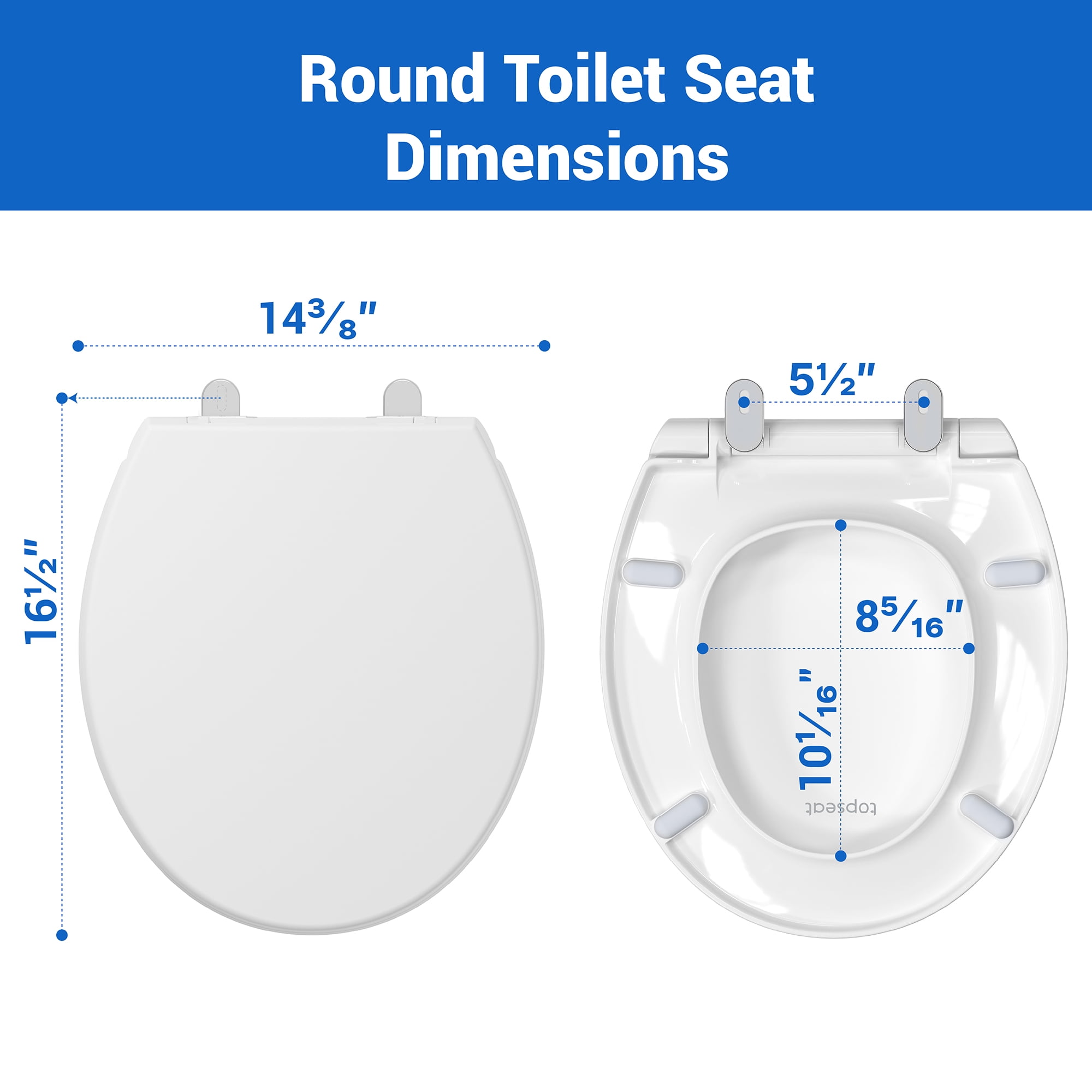 Topseat TSPL000R Plus Series Round Toilet Seat, Slow Close, No-Slam, Magnetic Quick-Release for Easy Clean, Easy Installation, Secure-Grip Bumpers, Wobble-Free, Adjustable Fit, Plastic, White