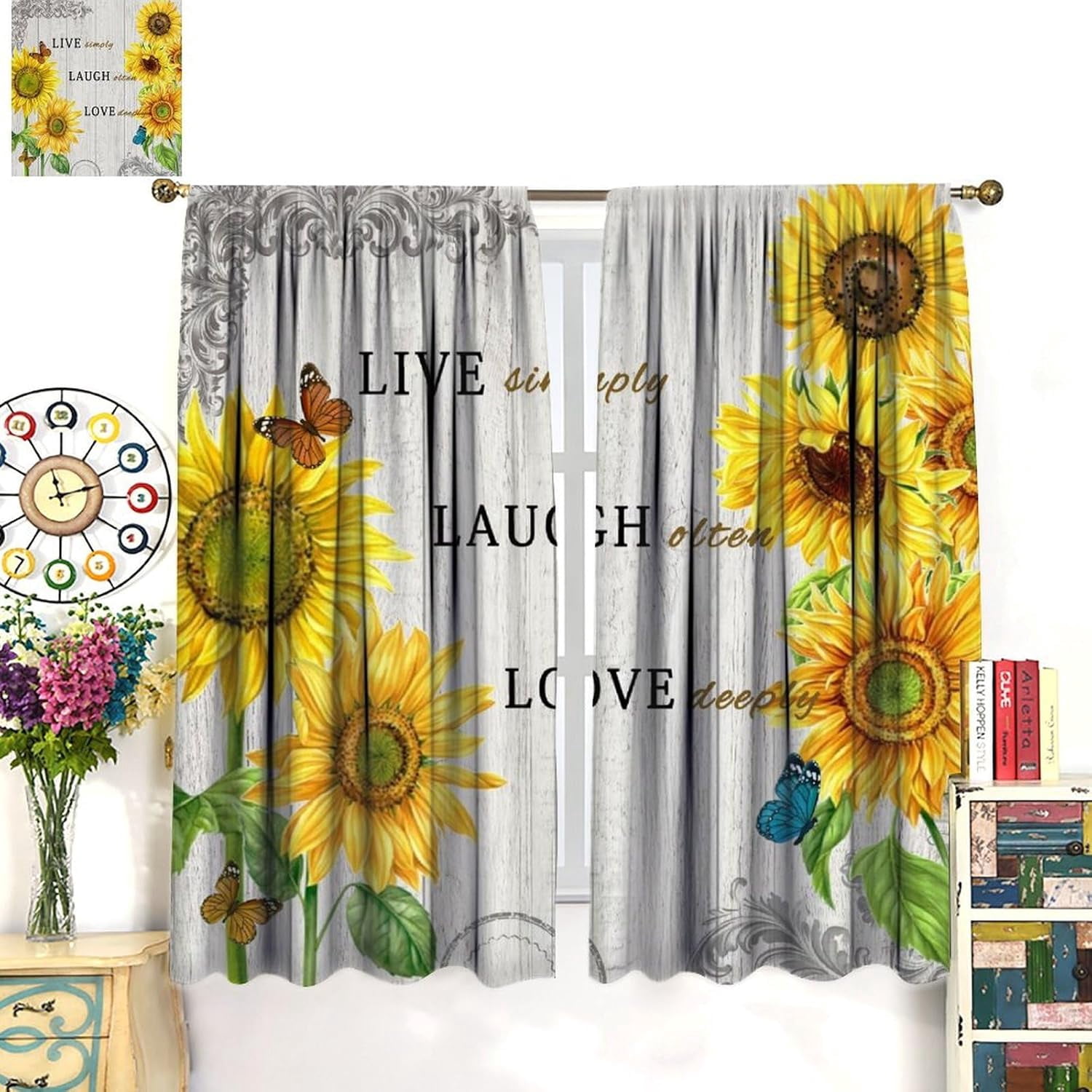 Vintage Sunflower Blackout Curtains for Kitchen,Rustic Wooden Green Spring Nature Plants Butterflies Sunshine Flowers Window Drapes Print for Kids Girls Bedroom Bathroom Living Room 42x54in