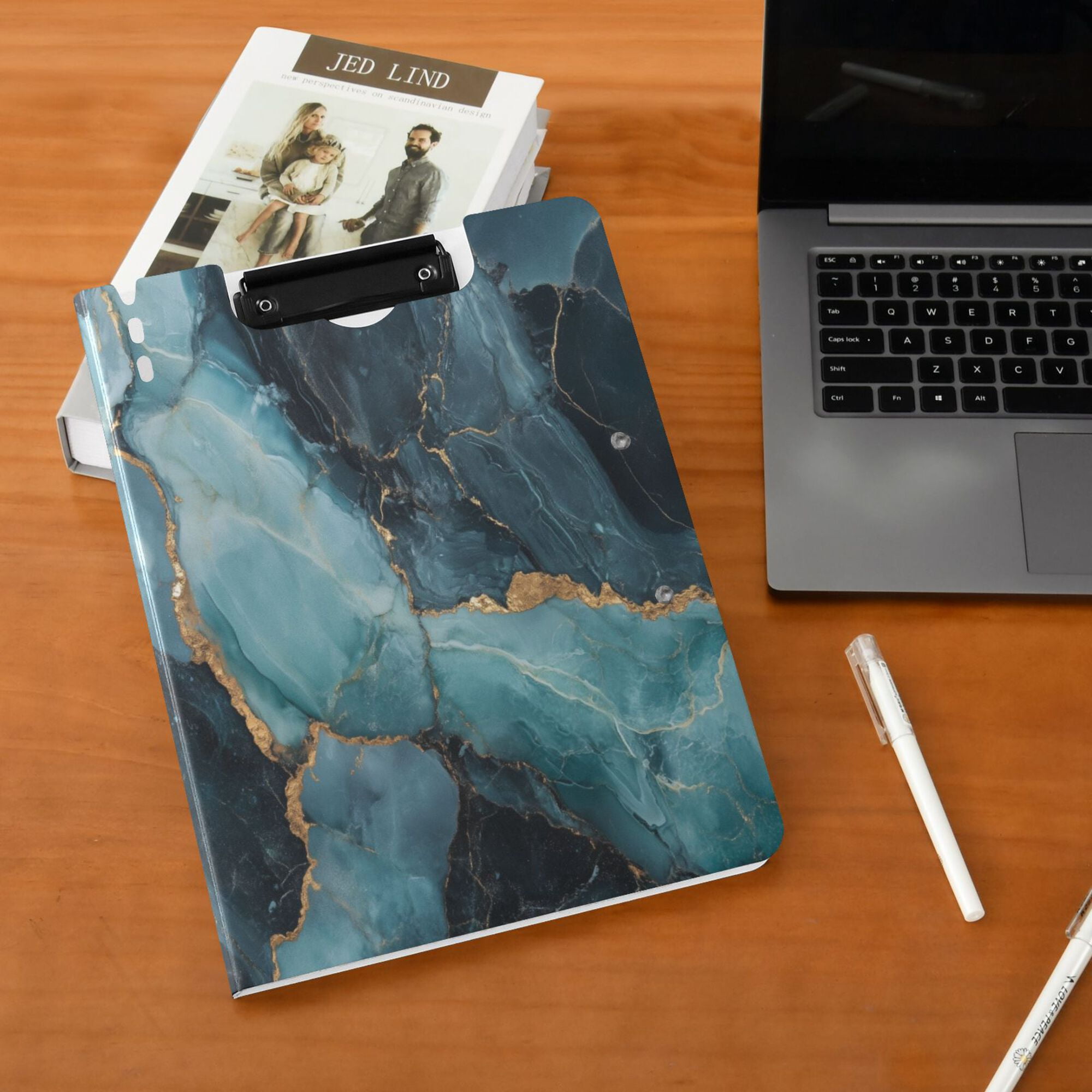 FORMRS A4 Clipboard Folder with Pen Holder Horizontal Foldable School Office Binder, Black Marble
