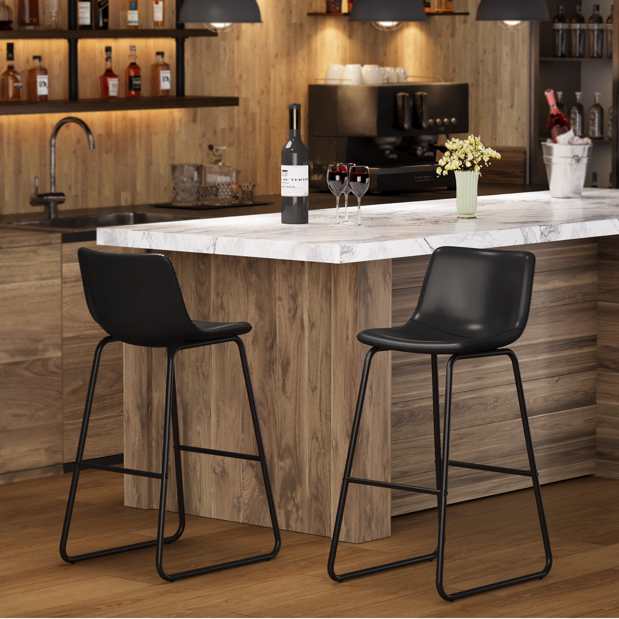 Aufeile 30" Counter Height Bar Stools Set of 2 – Modern Faux Leather Barstools with Back & Metal Legs, Kitchen Bar Chairs for Island, Dining Room, Black