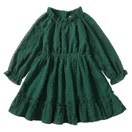 

Maacie Girls Dress Flared Long Sleeve Ruffled Collar Hem Flowy Pleated Party Dress Green 3Y