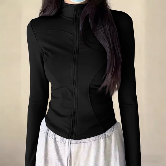 Maqroz Shirts for Women UPF 50 Sun Protection Long Sleeve Full Zip Athletic Jacket with Thumb Holes Slim Fit Yoga Running Outdoor Fashion Clothing with Pockets Black M
