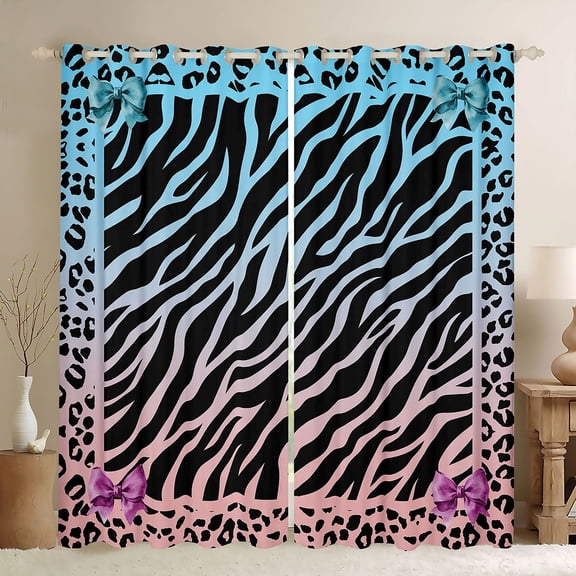 Feelyou Leopard Zebra Print Curtains Pack of 2 (42x84 Each) for Women, Fashion Princess Bow-tie Curtains Blackout, Blue Pink Stripes Bedroom Curtains, Black Out Curtains Decor