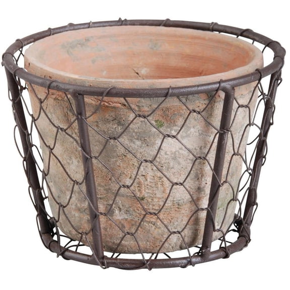Esschert Design AT10 Aged Terracotta Pot with Metal Basket & Handle – Rustic Indoor & Outdoor Planter