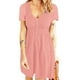 thumbnail image 4 of Vestido con botones delanteros y cuello en V Vestido frontal con botones de cintura alta y manga corta para mujer Primavera Verano Rosa M, 4 of 6