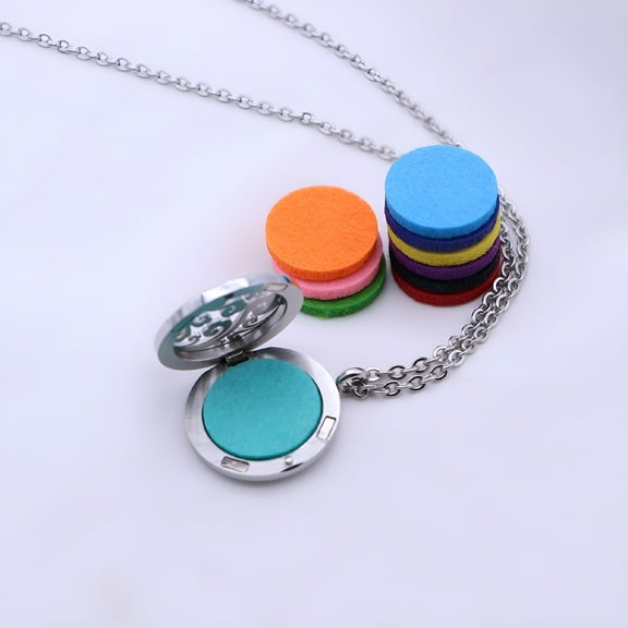 DESIGNICE Essential Oil Diffuser Necklace Aromatherapy Locket Pendant Set with 10 Color Refill Pads and Chain in Silver
