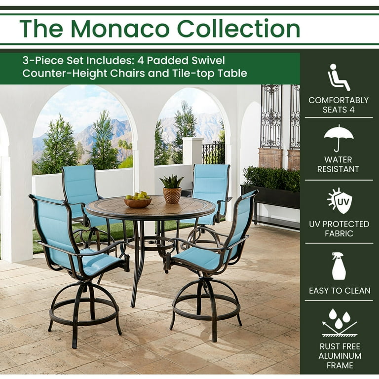 Hanover Monaco 5 Piece Outdoor High Dining Patio Set 4 Counter Height Padded Sling Swivel Chairs and 56 Round Tile Table Brushed Bronze Finish
