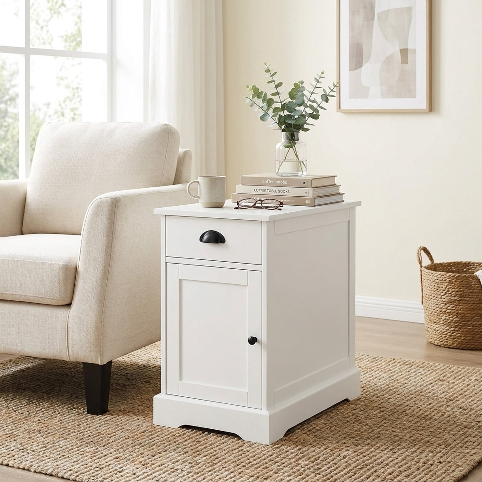 Furnibear End Table with Charging Station Flip Top and Drawer Cabinet Magazine Holder for Living Room Bedroom Sofa Side Narrow Spaces, White
