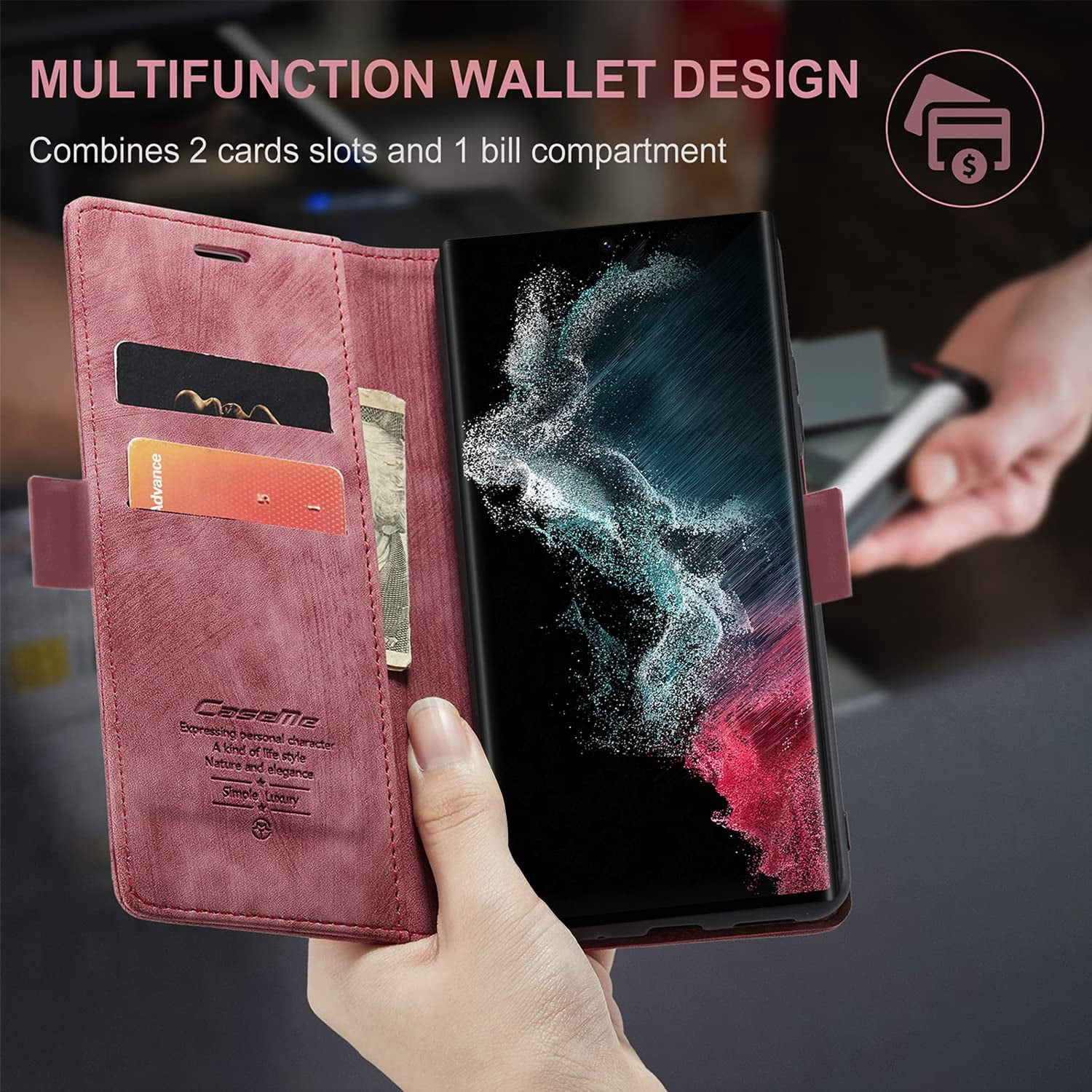 KONEE Phone Case Compatible with Samsung Galaxy S22 Ultra 5G,Leather Case PU Leather Flip Phone Case with [Card Slot] [Stand Function], Foldable Phone Case for Samsung Galaxy S22 Ultra 5G Case - Red