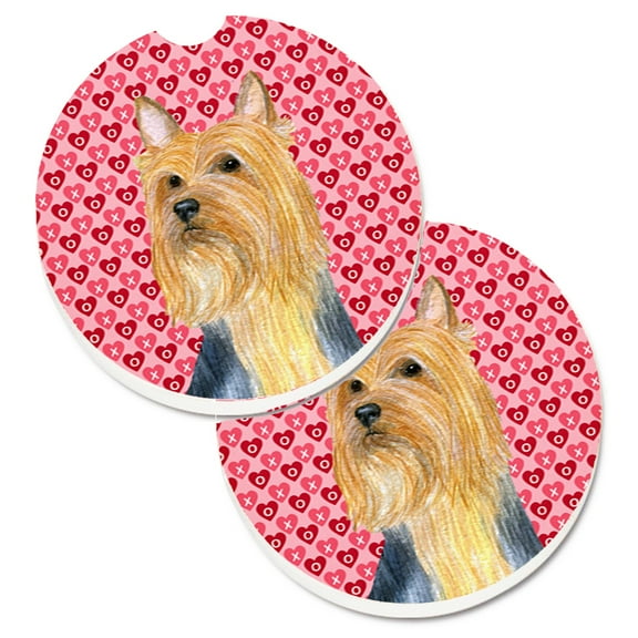Silky Terrier Hearts Love and Valentines Day Portrait Set of 2 Cup Holder Car Coasters