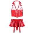 thumbnail image 4 of Doomiva Women's Sexy Wet Look Leather Lingerie Outfits Halter Lapel Crop Vest Top with Miniskirts Red 4XL, 4 of 5