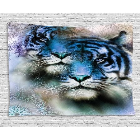Animal Safari Wall Hangings - Animal Decor Tapestry, Two Tiger Safari Cat African Wild Furious Life Big Animals Art Print, Wall Hanging for Bedroom Living Room Dorm Decor, 60W X 40L Inches, Blue Black and White, by Ambesonne