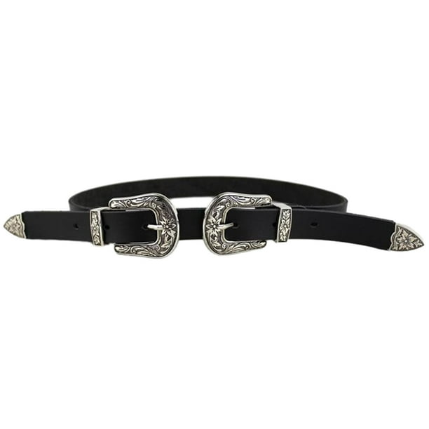 Cinturón de cuero estilo occidental vintage para mujer, cinturón de vaquera retro con doble hebilla para pantalones vaqueros y vestidos, color negro