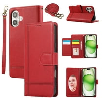 Allytechgroup Wallet Case for Apple iPhone 16e with Crossbody Strap Hand Wrist, Makeup Mirror Cards Slots Cash Pocket RFID Blocking Flip Stand Slim Case Cover for iPhone 16e, Red