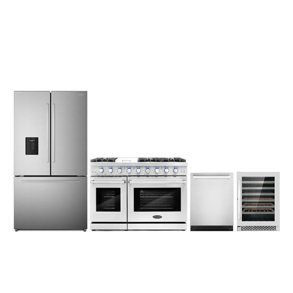 4 Piece Kitchen Package with 48" Freestanding Gas Range 24" Built-in Fully Integrated Dishwasher French Door Refrigerator & 48 Bottle Freestanding Wine Refrigerator
