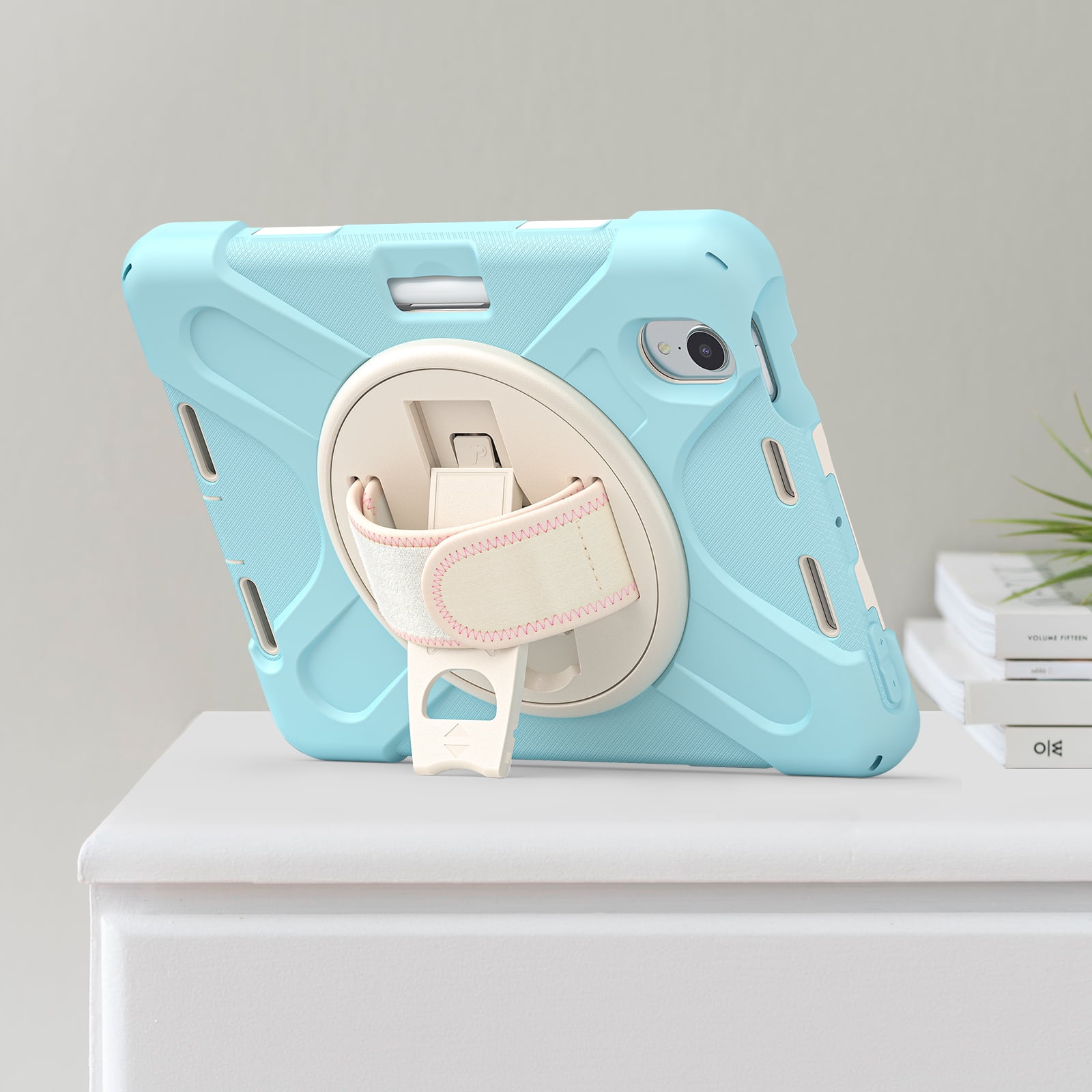 Portable Rugged Case for 2021 Apple iPad Mini 8.3" (6th Generation 2021 Release) - Rotating Stand Case with Adjustable Hand/Shoulder Strap, Built-in Pencil Holder, Shockproof Hard Cover (Light Blue)