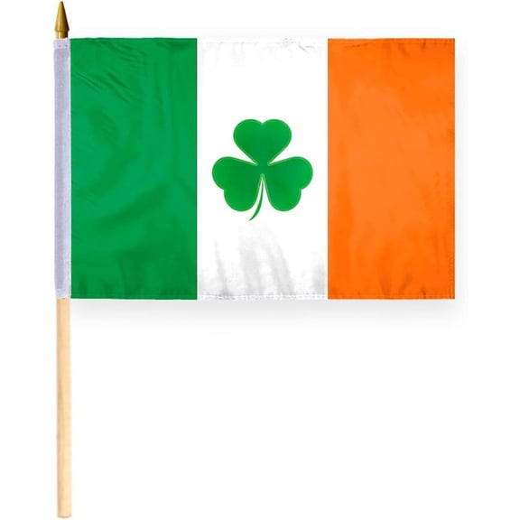 PromoPatriot Ireland Irish Shamrock Stick Flag 12x18 Inch with 24 inch Wood Pole - Double Sided Printed Polyester - Ireland Shamrock Desk Flag