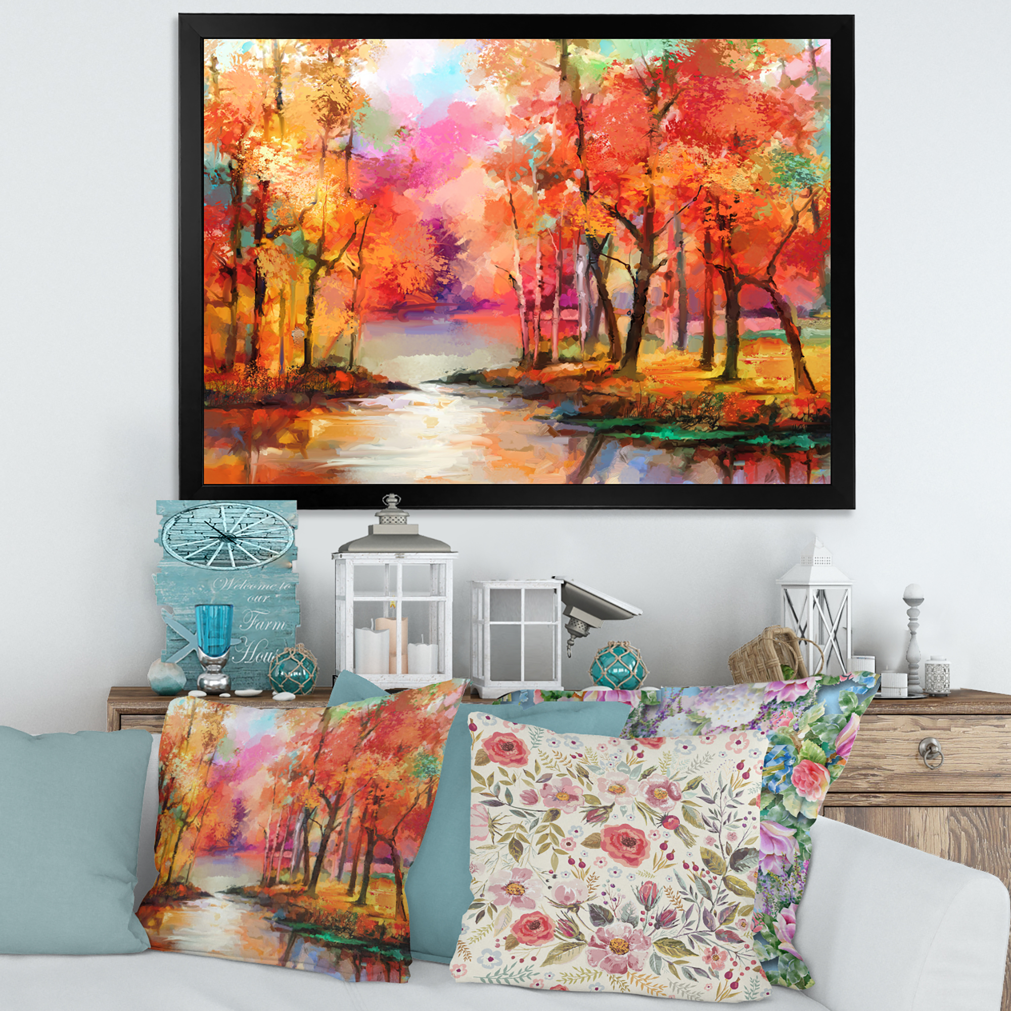 Designart 'The Lake In Autumn By Colorful Autumn Trees' Modern Framed Art Print