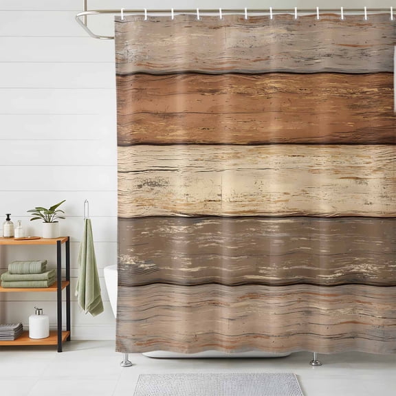 Shower Curtains for Bathroom, Farmhouse Beige Brown Waterproof Fabric Shower Curtain, Vintage Wooden Striped Decorative Bathroom Curtain for Bathtub, 36"x72", No Hooks Included