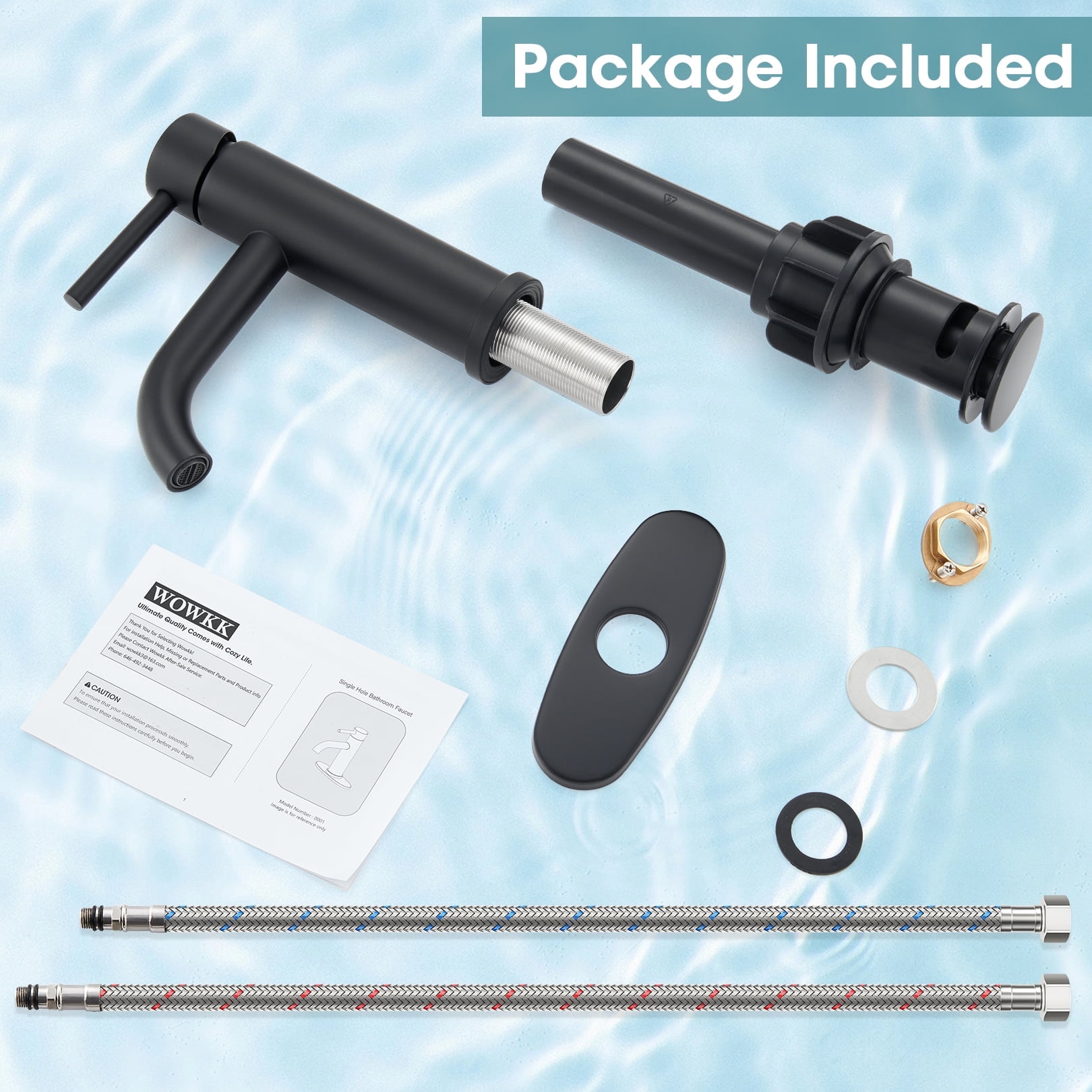Wowkk Sanitary Ware Black Bathroom Faucets Stainless Steel Single Handle Bathroom Sink Faucet with Pop up Drain and PEX Encrypted Hose, Modern Bathroom Faucets for Sink 1 or 3 Holes