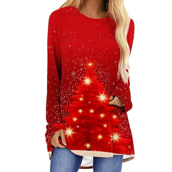 biudgviw Christmas Long Sleeve Shirts for Women Print Crew Neck Tunic Tops Comfy Soft Curved Hem Blouses Festival Party Outfits