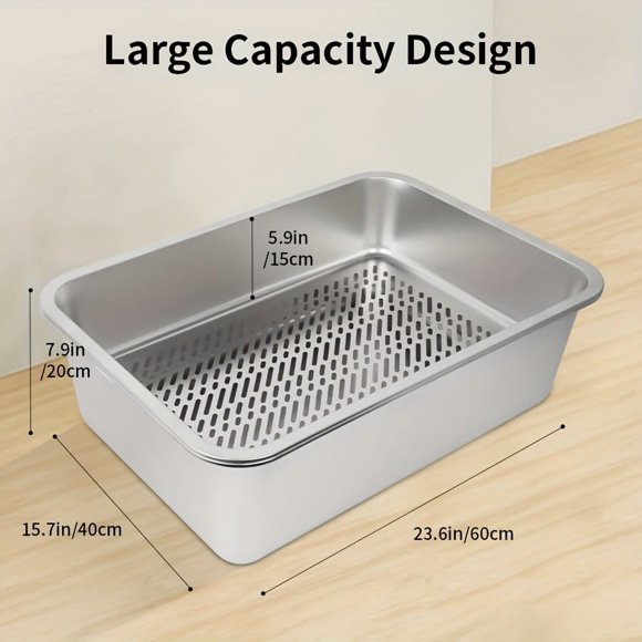 EASTIN XL Stainless Steel Sifting Litter Box  Large Stainless Steel Cat Litter Box For Big Cats  Metal Litter Pan For Wood Pine Pellets  Easy Cleaning  23.6”x15.7”x7.9”