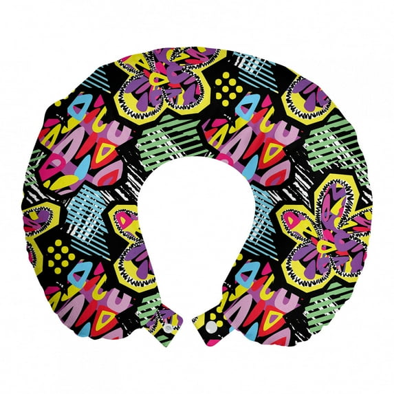 Doodle Travel Pillow Neck Rest, Tropical Flowers Pattern with Brushstroke Effects Vibrant Colored Grunge Doodle Art, Memory Foam Traveling Accessory Airplane and Car, 12", Multicolor, by Ambesonne