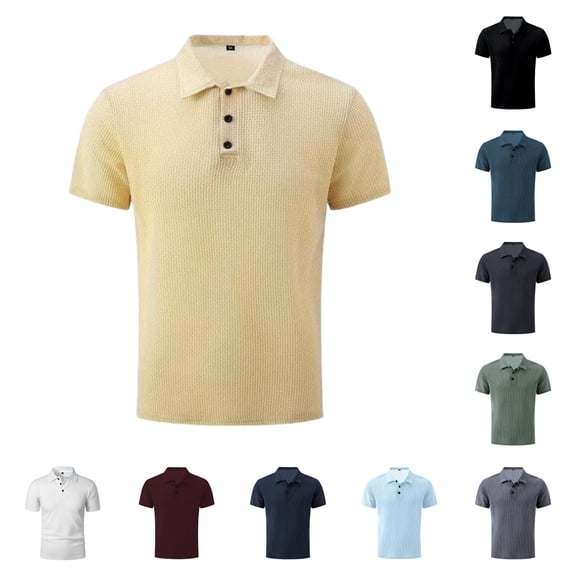 Lightweight Waffle Knit Polo Shirt for Men, Short Sleeve Classic Casual Collared Top for Summer Comfort Beige 3XL
