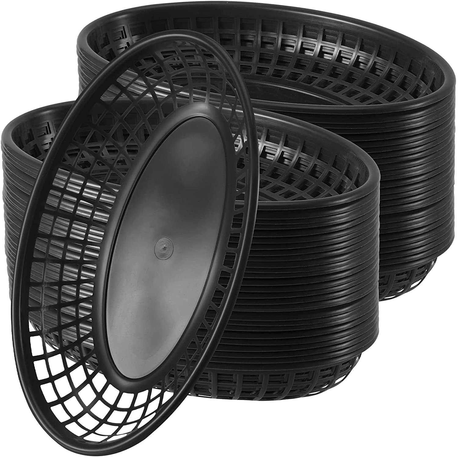 ZEONHAK 50 Pack Black Plastic Fast Food Baskets, Oval Restaurant Fast